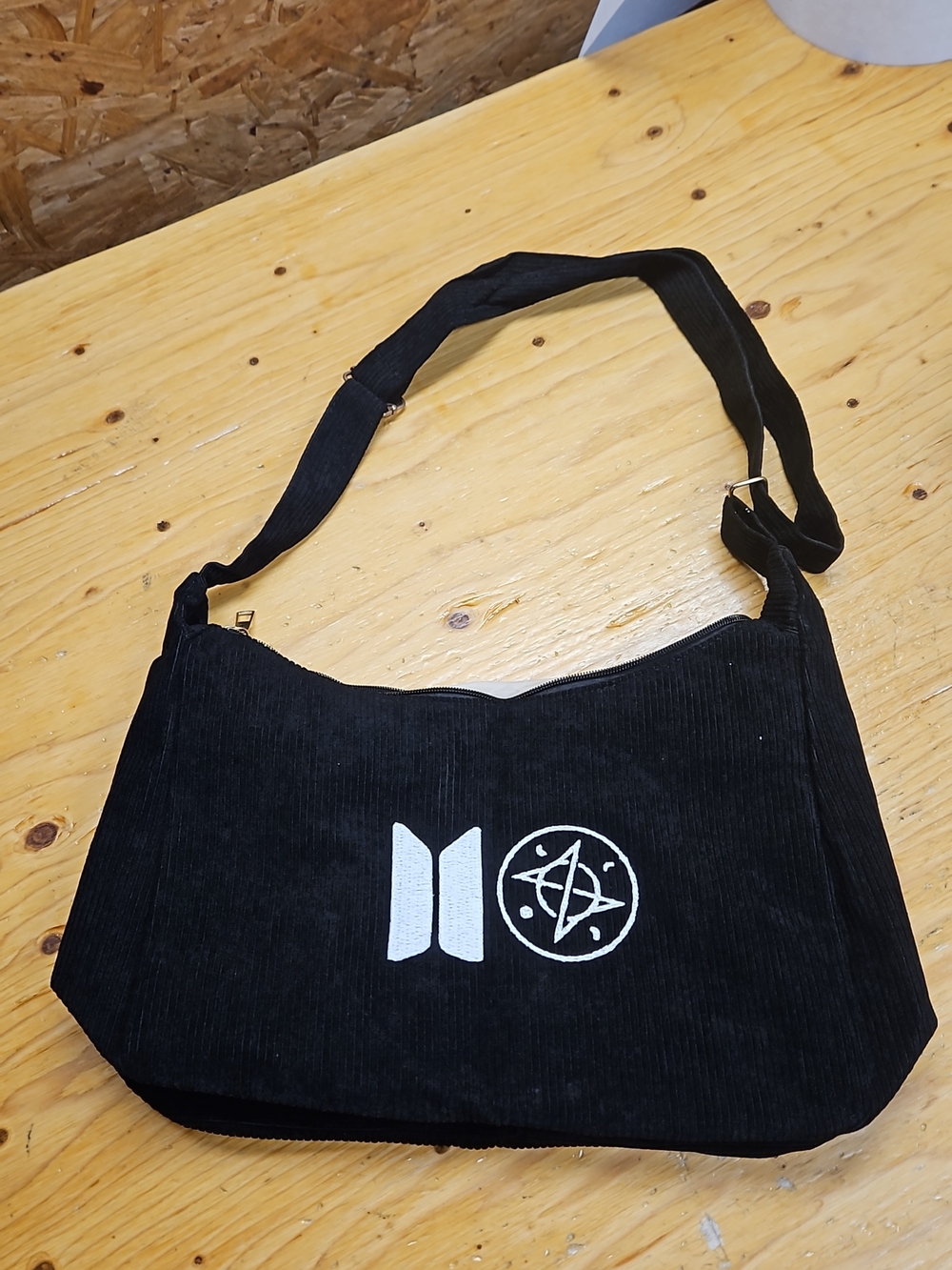 Black Corduroy Shoulder Bag with White Embroidered Logo bts + Ateez